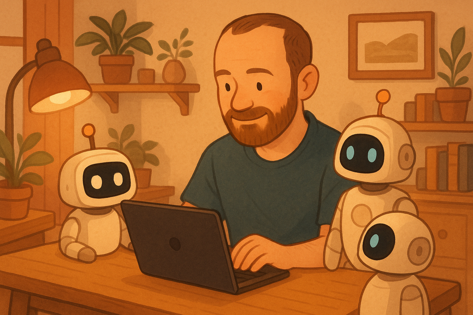 Warm cartoon-style portrait resembling the author in a cozy home workspace with friendly AI assistants.